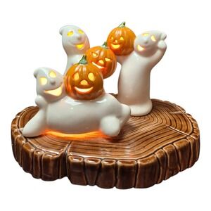 VTG Atlantic Mold Halloween Ghosts w/ Pumpkins Light Up Ceramic Lamp 6"‎
